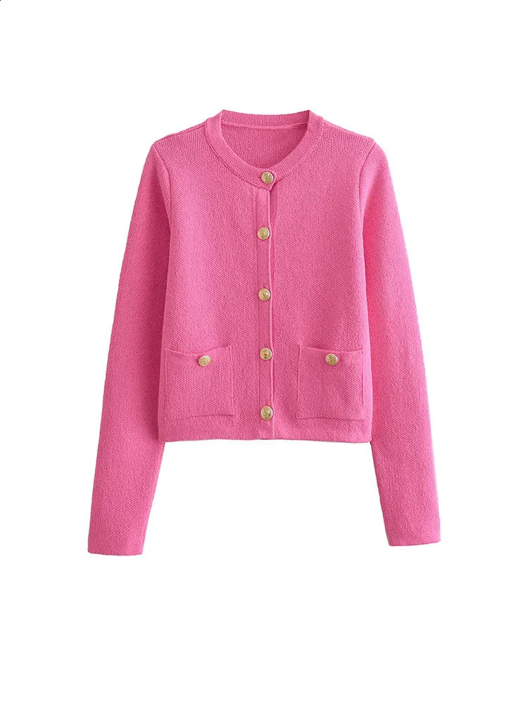 TRAF Womens Knitted Cardigan Sweater Golden Buttons Front Patch Pockets Long Sleeve Female Outerwear Chic Tops 250116
