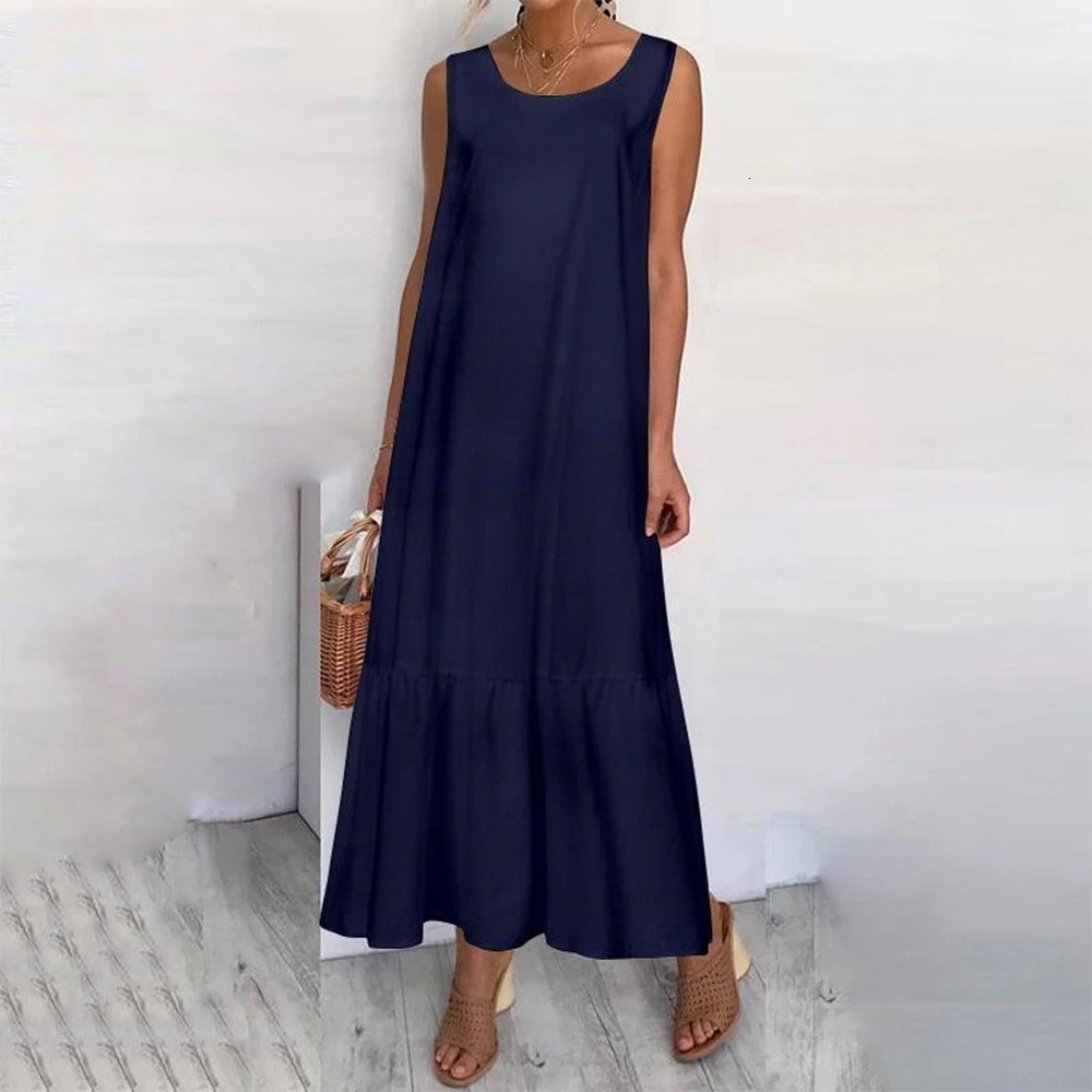 Plus Size L5XL Solid Sleeveless Cotton Linen Tank Dres ONeck ALine Dress Summer Streetwear Simple Midi Dresses Female 250121