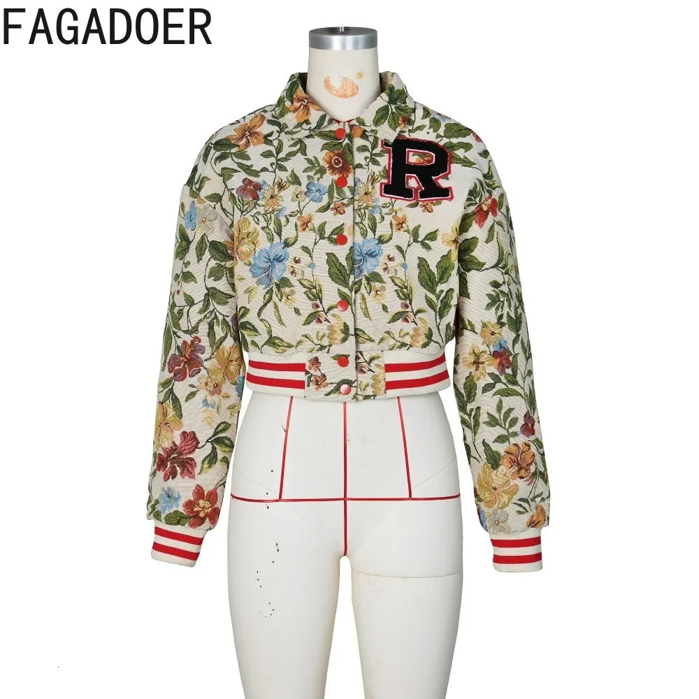 FAGADOER Retro Jacquard Short Sleeve Jacket Womens Fashion Button Long Sleeve Embroidery Patch Work Crop Coat Y2K Street Clothing 2025 250118