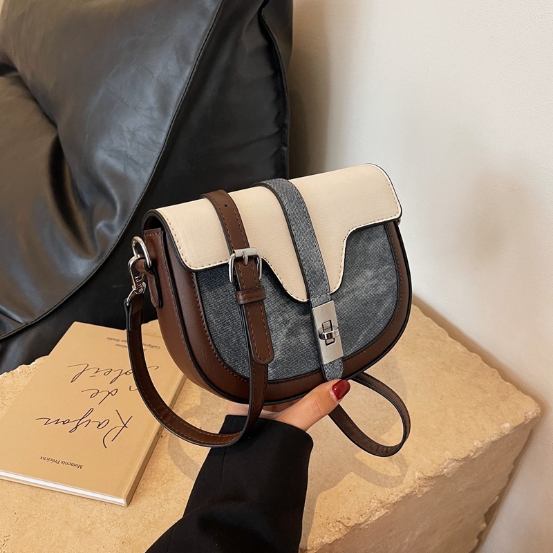 Spring 2024 Designer Hit-Color England Style Saddle Small First Layer Cowhide Leather Women Shoulder Crossbody Bag