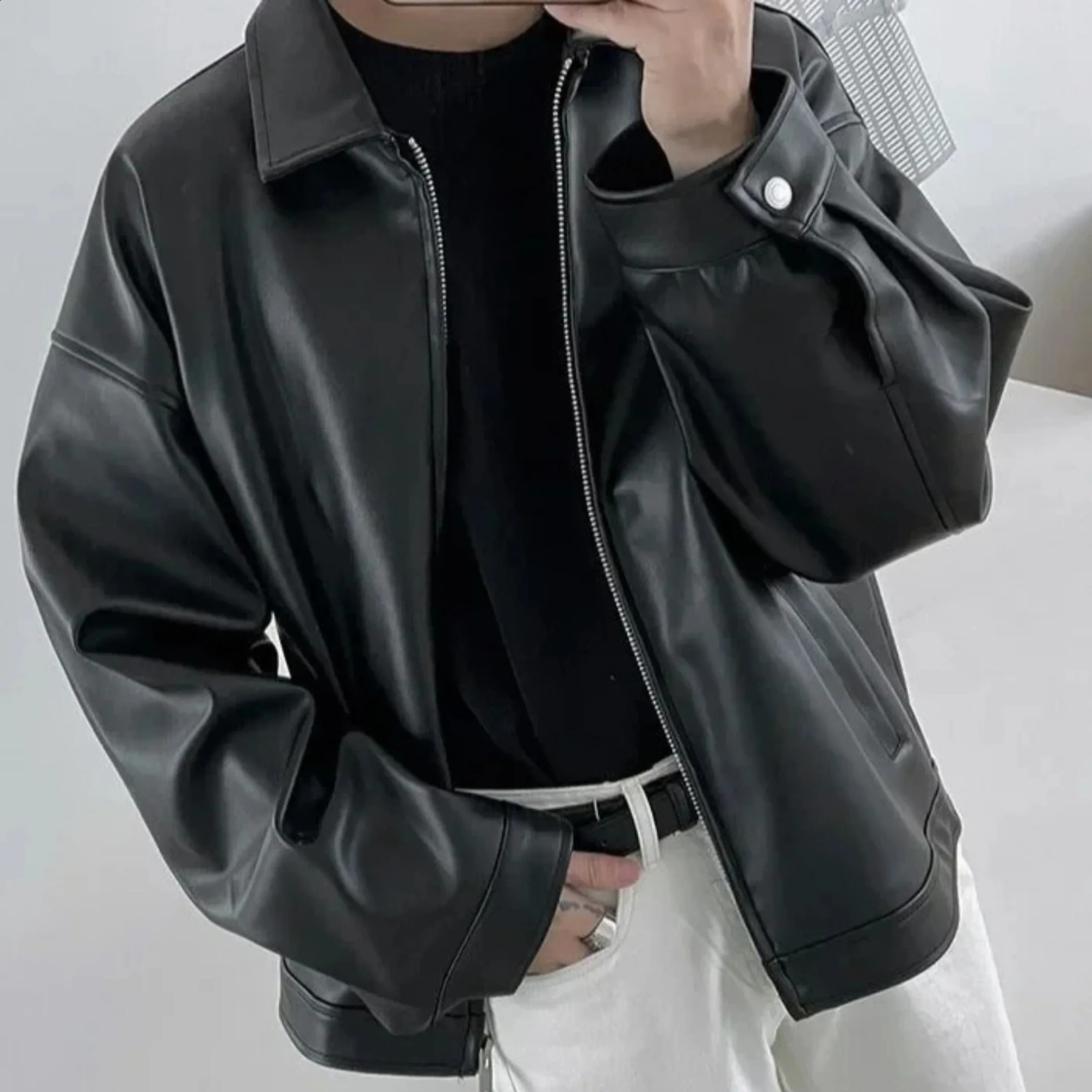 Trendy Mens Leather Jacket Korean Style Pu Leather Spring Casual Motorcycle Jacket Trendy Baseball Uniform 250120