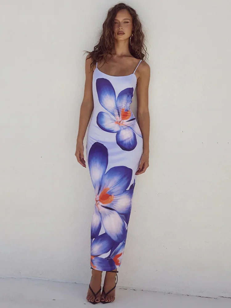 Mozision Flo Print Long Dress For Women Gown Summer Spaghetti Strap Sleeveless Backless Bodycon Sexy Midi Dress Elegant 250122