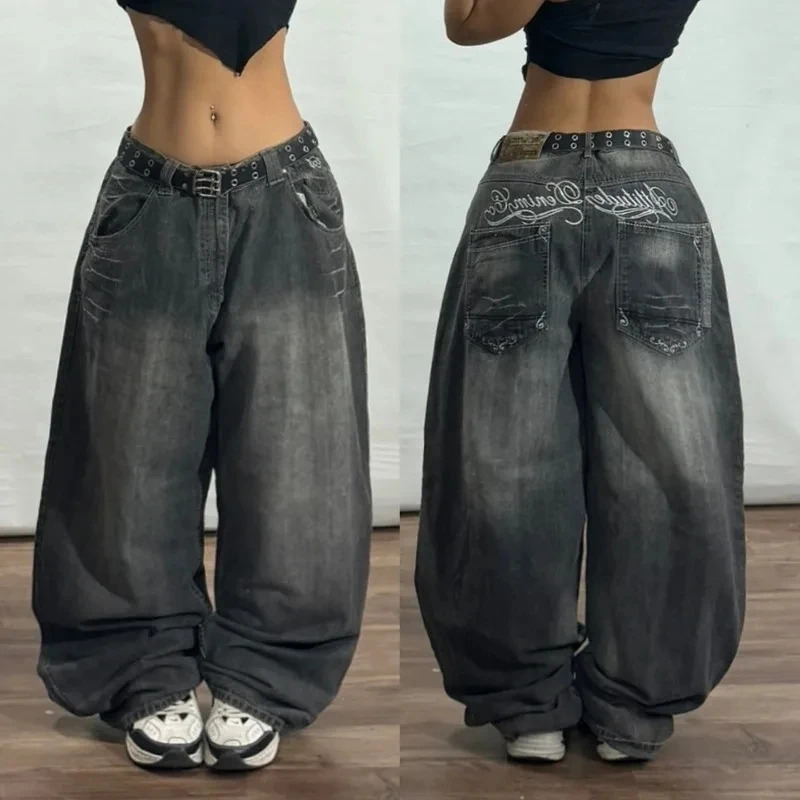 Streetwear Fashion Letter Graphic Embroidery Baggy Jeans Women Y2K Gothic Harajuku Vintage High Waist Wide Leg Pants 250117