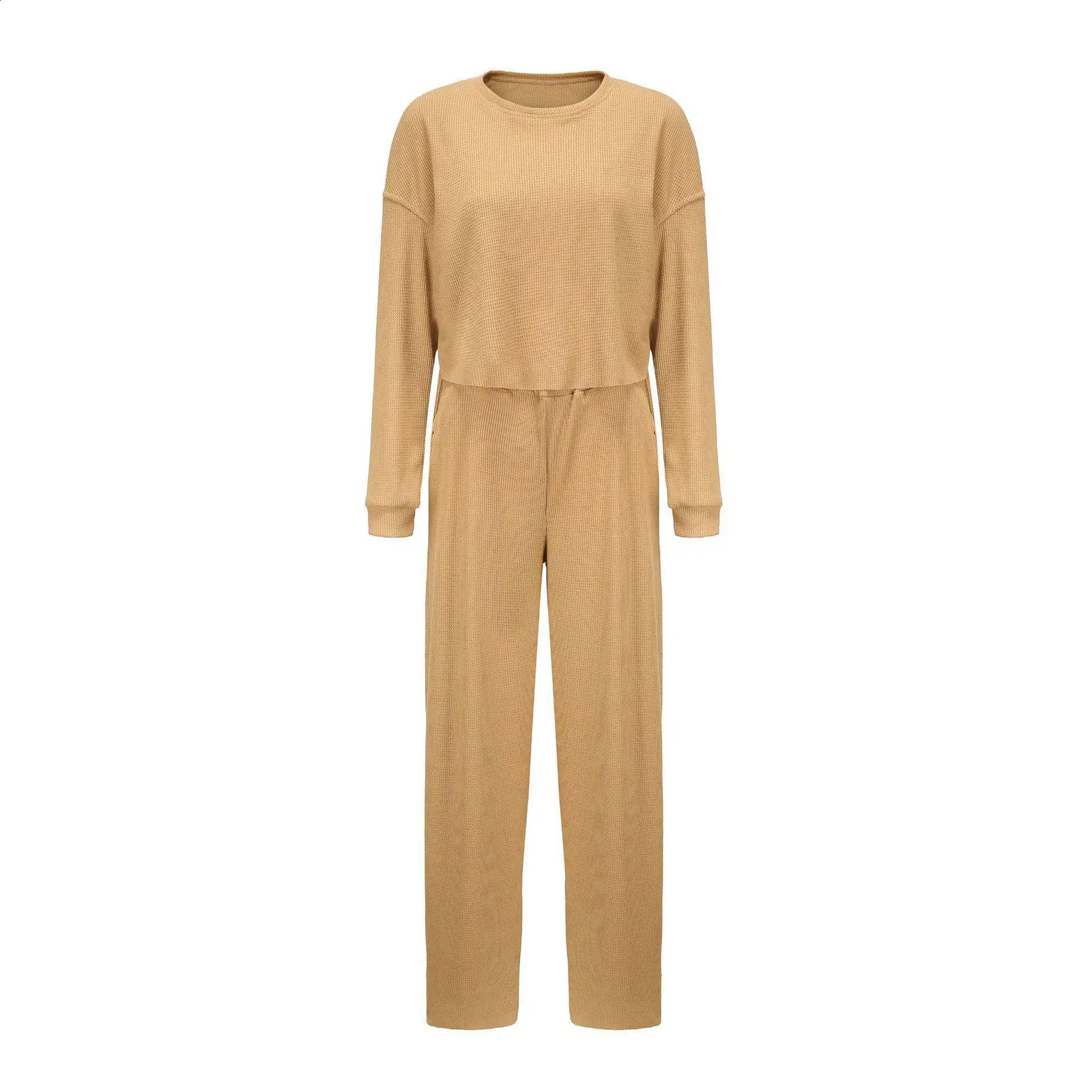 Solid Color Waffle O Neck Long Sleeve Crop Top Long Pant Sets Two Piece Sets Women Outfit Lounge Set Trouser Home Suit Offers 250118