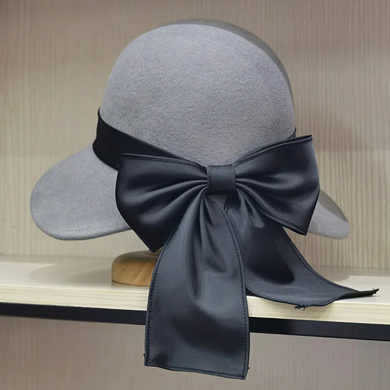 Winter Cloche Round Hat for Women Wool Fedora Hats Warm Wide Bim Floppy Ribbon Bowknot Church Dress Felt Bucket 250118