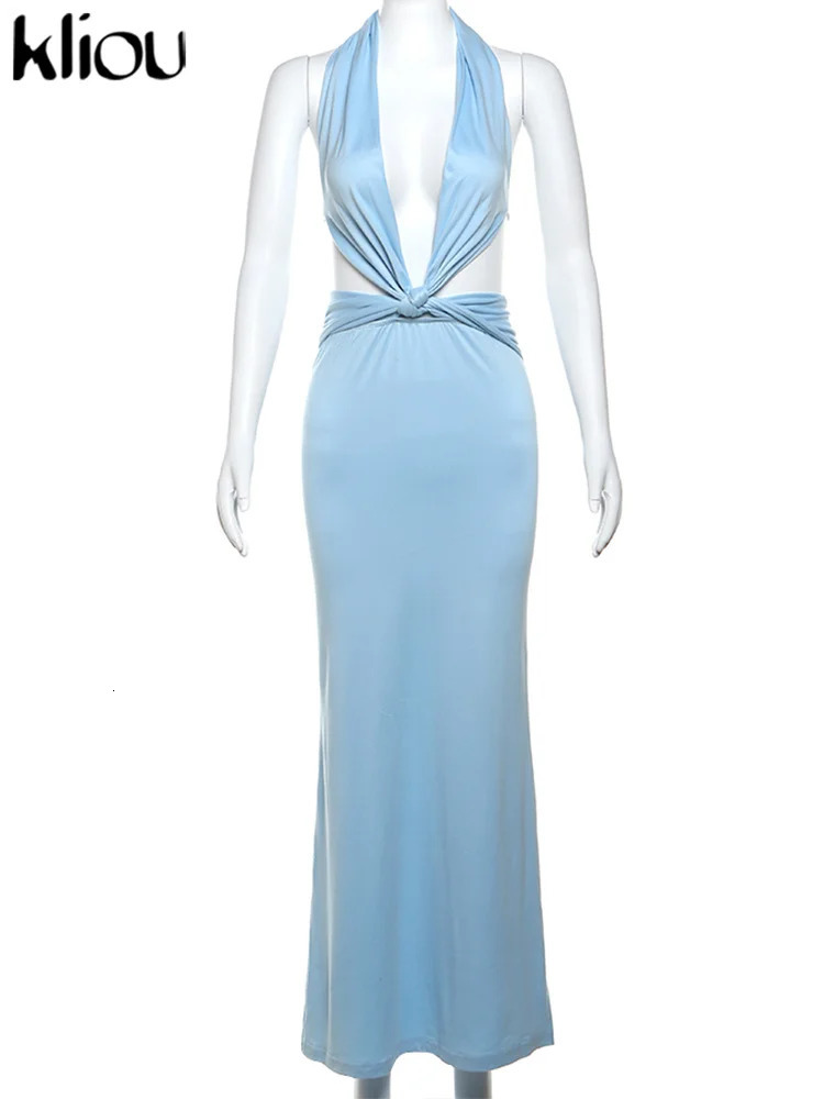 kliou Elegant Women Long Dress Summer Sexy Halter Backless Low Neck Lace Up Concise Vestidos Female Vacation Party Bodycon 250121