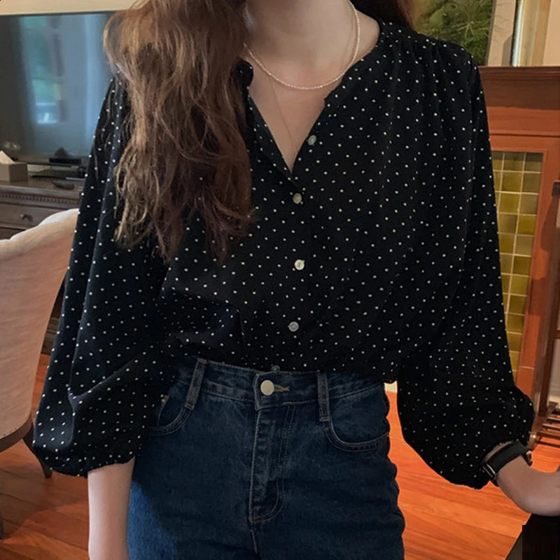 O Neck Dot Print Chiffon Shirt For Women Casual Tops Autumn Long Sleeve Buttonup Ladies Blouses Korea Chic Streetwear shirt 250122