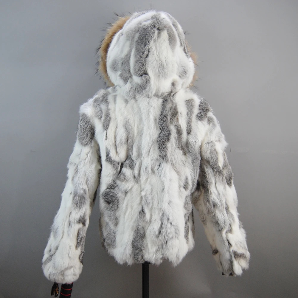 Real Fur Genuine Rabbit Coat With Hood Jacket And Natural Raccoon Collar Waistcoat Overcoat 250115