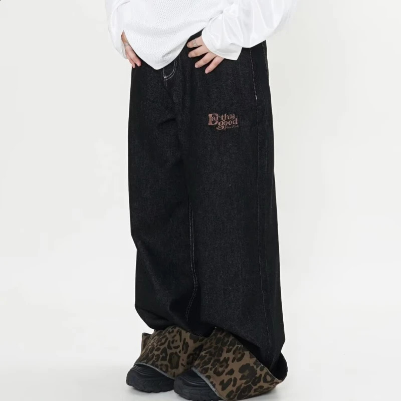 Leopard Print Patchwork Mens Jeans Hip Hop Fashion Washed Wide Legs Cow Pants Size S-3XL Curling Edge Denim Trousers 250120