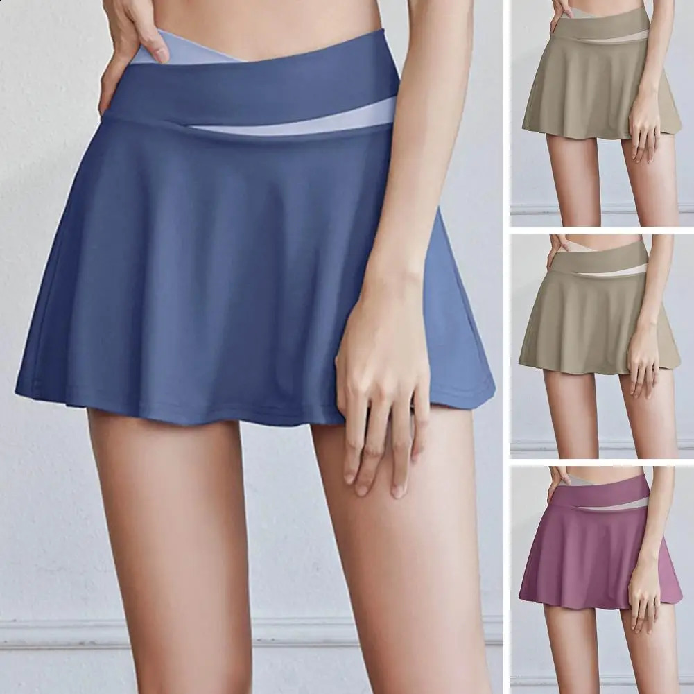 Inner Pocket Elastic Waistband Tennis Skirt Solid Color Quick Drying Women High Waist Mini Skater Sportwear 250121