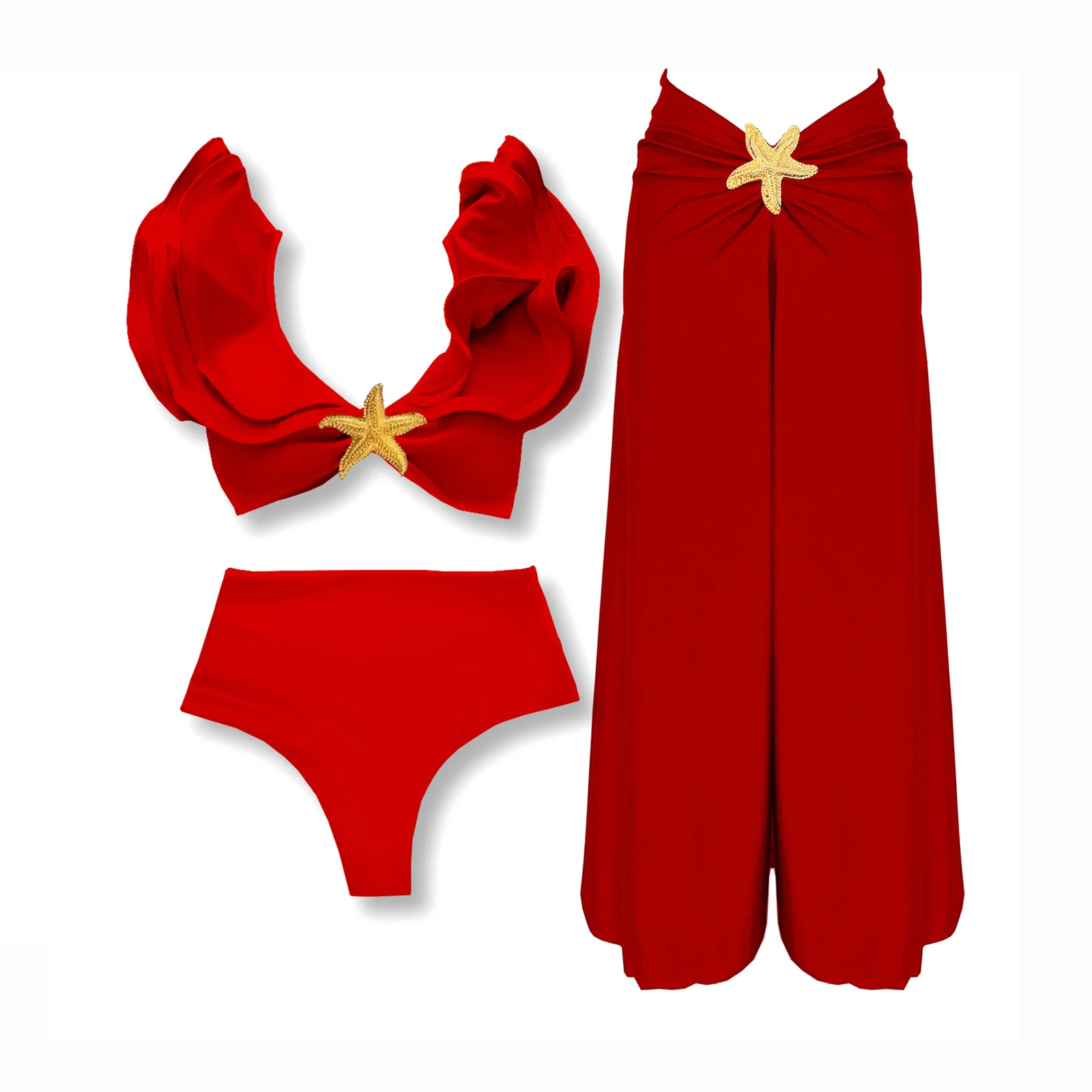 V-neck two-piece bikini set shoulder pleated swimsuit high waisted Biquini sexy swimsuit womens solid swimsuit beachwear 250118