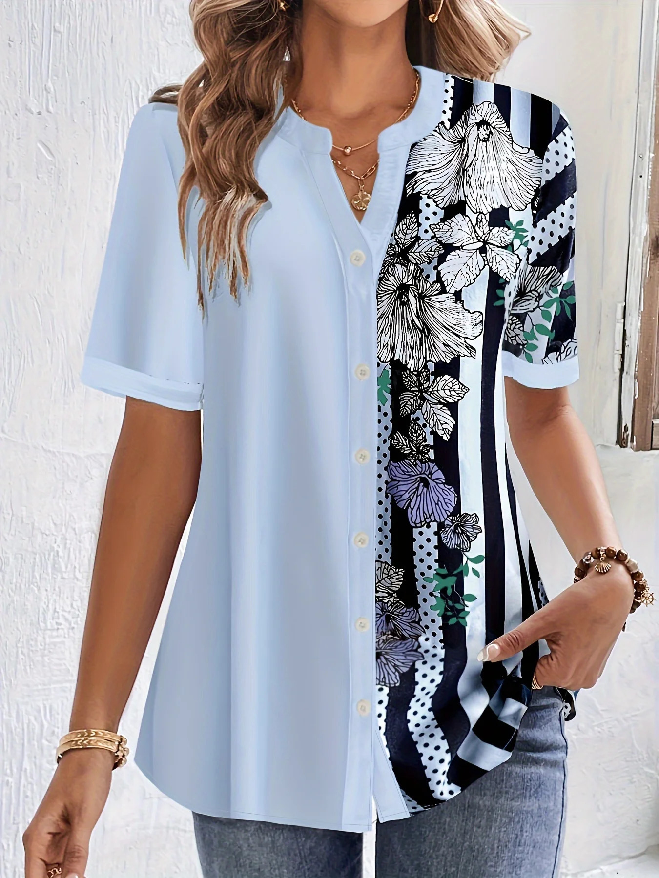 Plus size striped printed shirt casual round neck half sleeved spring womens plus clothing 250122