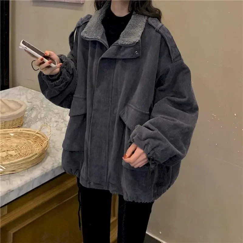 Oversized Jacket Corduroy Plus Velvet Thick Coat Loose Lamb Wool Autumn Winter 2024 Retro Clothes Coats 250113Z