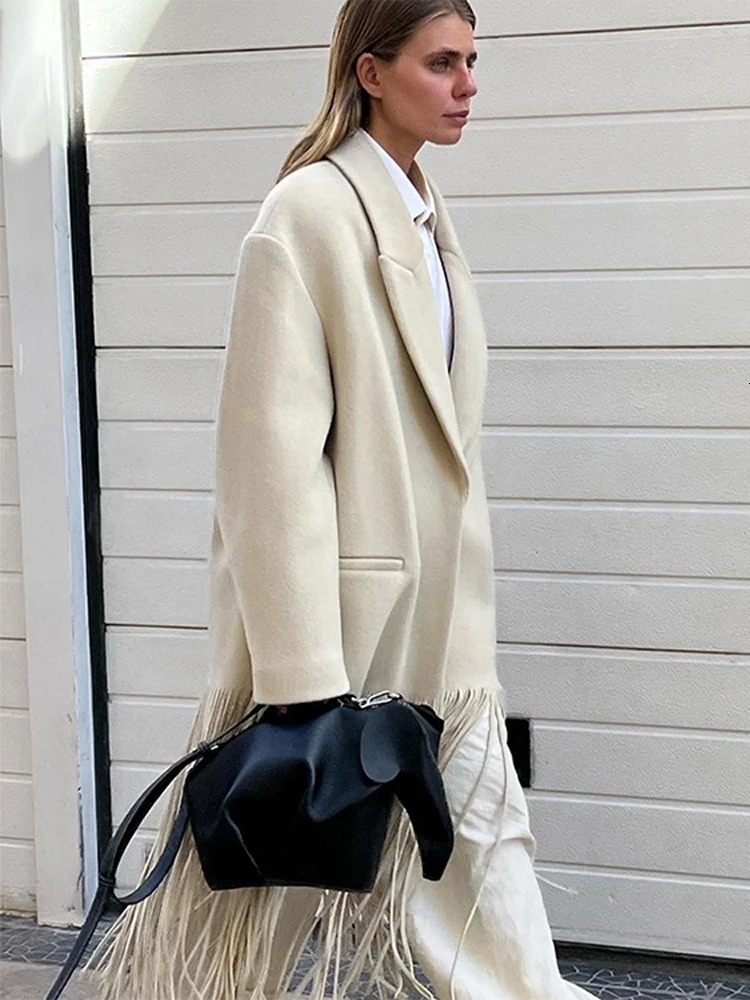 Elegant Tassel Hem Long Coat Women Patchwork Full Sleeve Turndown Collar Female Overcoat 2025 Fashion High Street Lady Outwear 250115