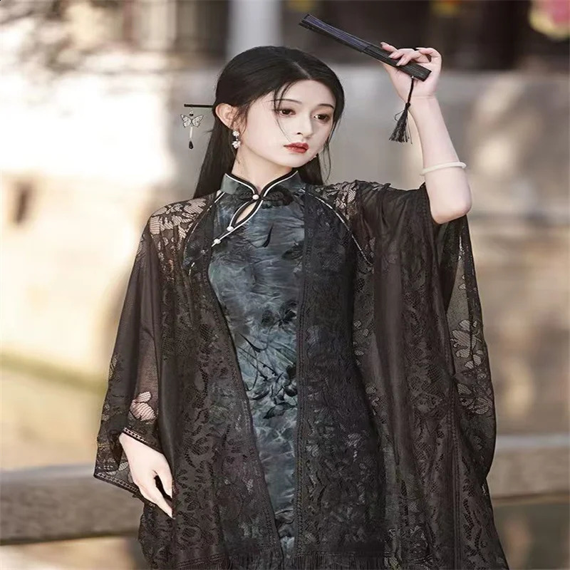 Chinese Style Lace Shawl Wraps for Women Qipao Cheongsam Evening Vintage Hollow Out Thin Cardigan Tassels Tops Officewear Party 250121