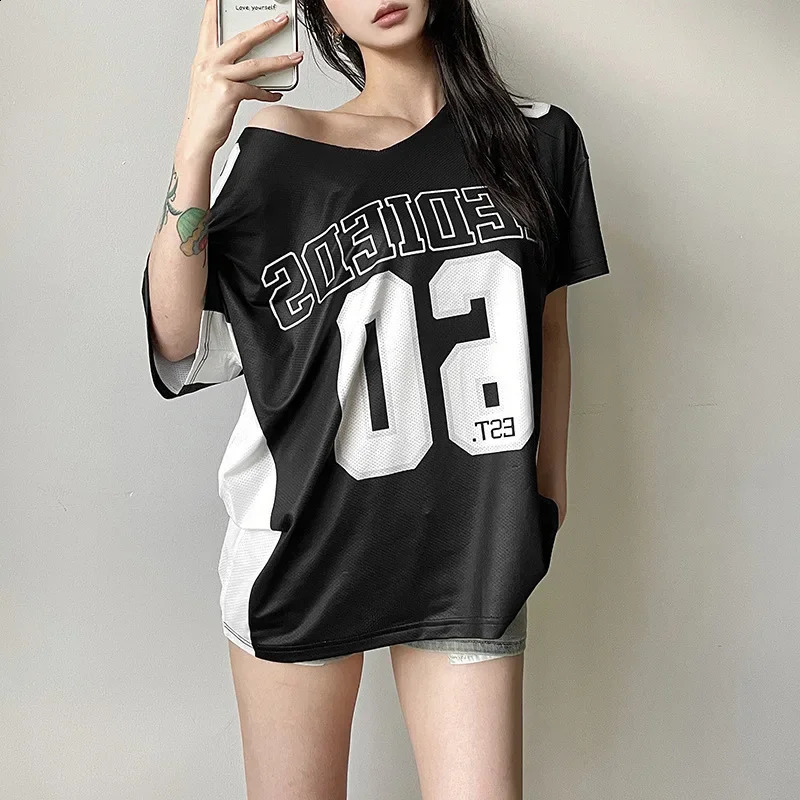 Y2k Aesthetic Summer Letter Printing T-shirts Harajuku Patchwork Loose Oversize Tops Women Harajuku Skew Collar Casual Tees 250109
