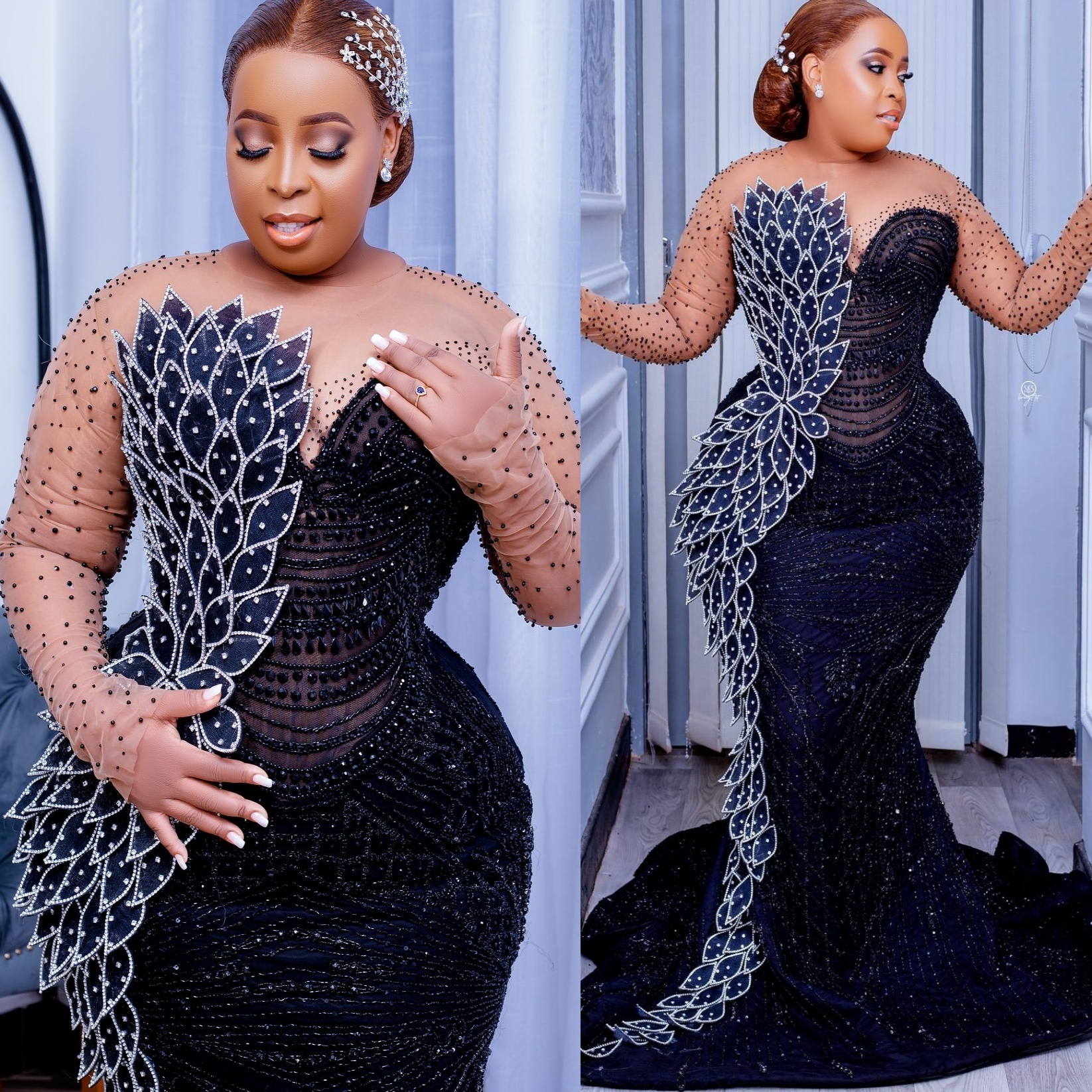 Aso Ebi Dark Navy Mermaid Prom Dresses 2025 rals Beaded Sequined Evening Formal Party Second Birthday Engagement Gowns Plus Size Dress For Special Ocn