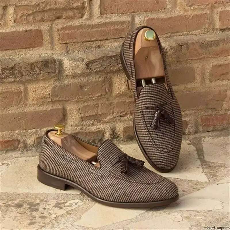 Loafers Brown Plaid Tassel Canvas Fashion Business Breathable Casual of Men Shoes atos Hombre