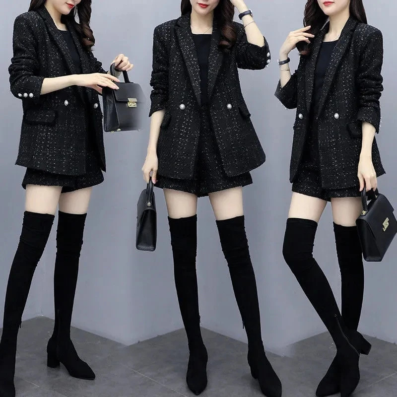 Black retro plain coarse woolen suit elegant loose jacket and shorts set Korean ensemble womens 2piece 250122