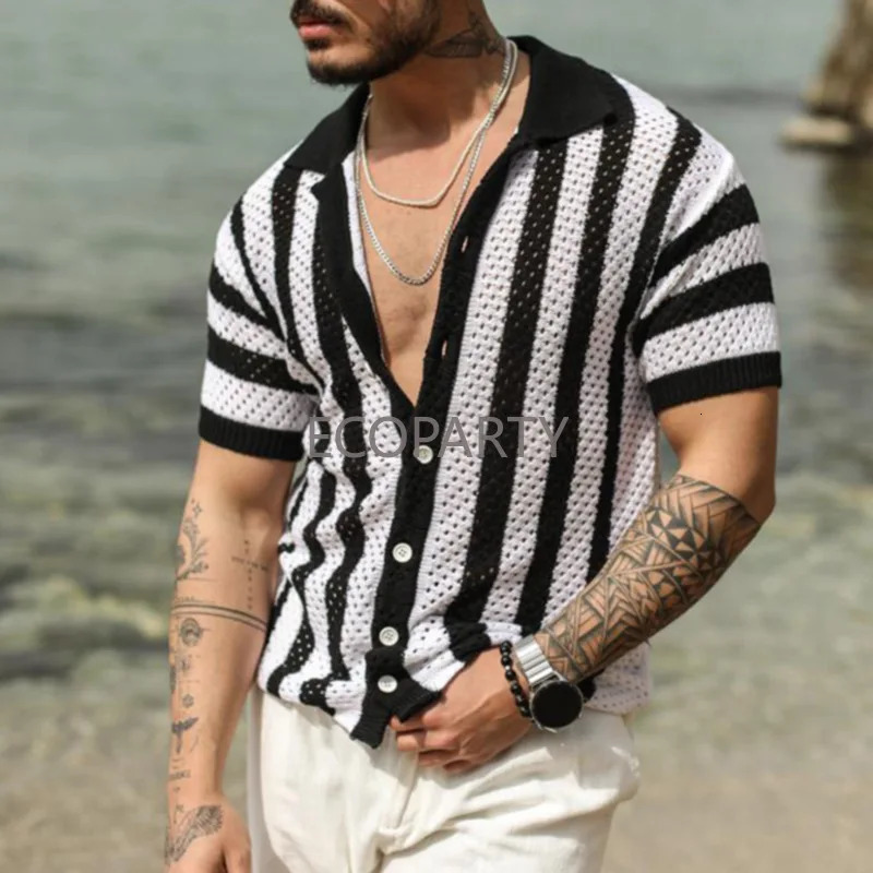 Summer Men Crochet Shirt Sweater Short Sleeve Hollow Out Knit Crochet Cardigan Stripe Crochet Polo Shirt Men 250118
