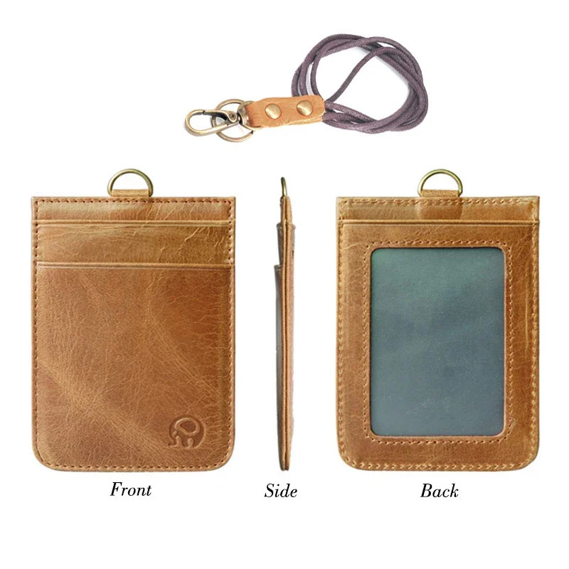 Retro Leather Work Credential Lanyard with Card Holder Neck Strap Cowhide Leather Id Badge Holder Staff Card Bus ID Card 250120