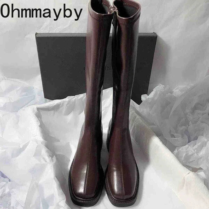 Vintage Thick Heel Women Knee High Boots Fashion Side Zippers Shoes Autumn Winter Ladies Concise Long Botas De Mujer 250118