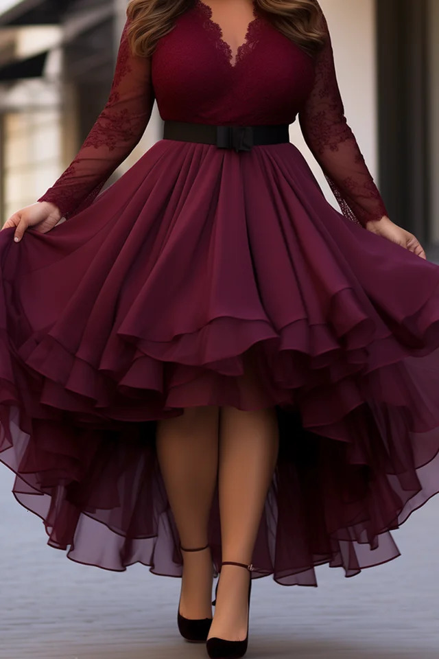 Plus Size Cocktail Party Chiffon Red V Neck Long Sleeve Tiered Asymmetric Hem Lace Midi Dresses 250121