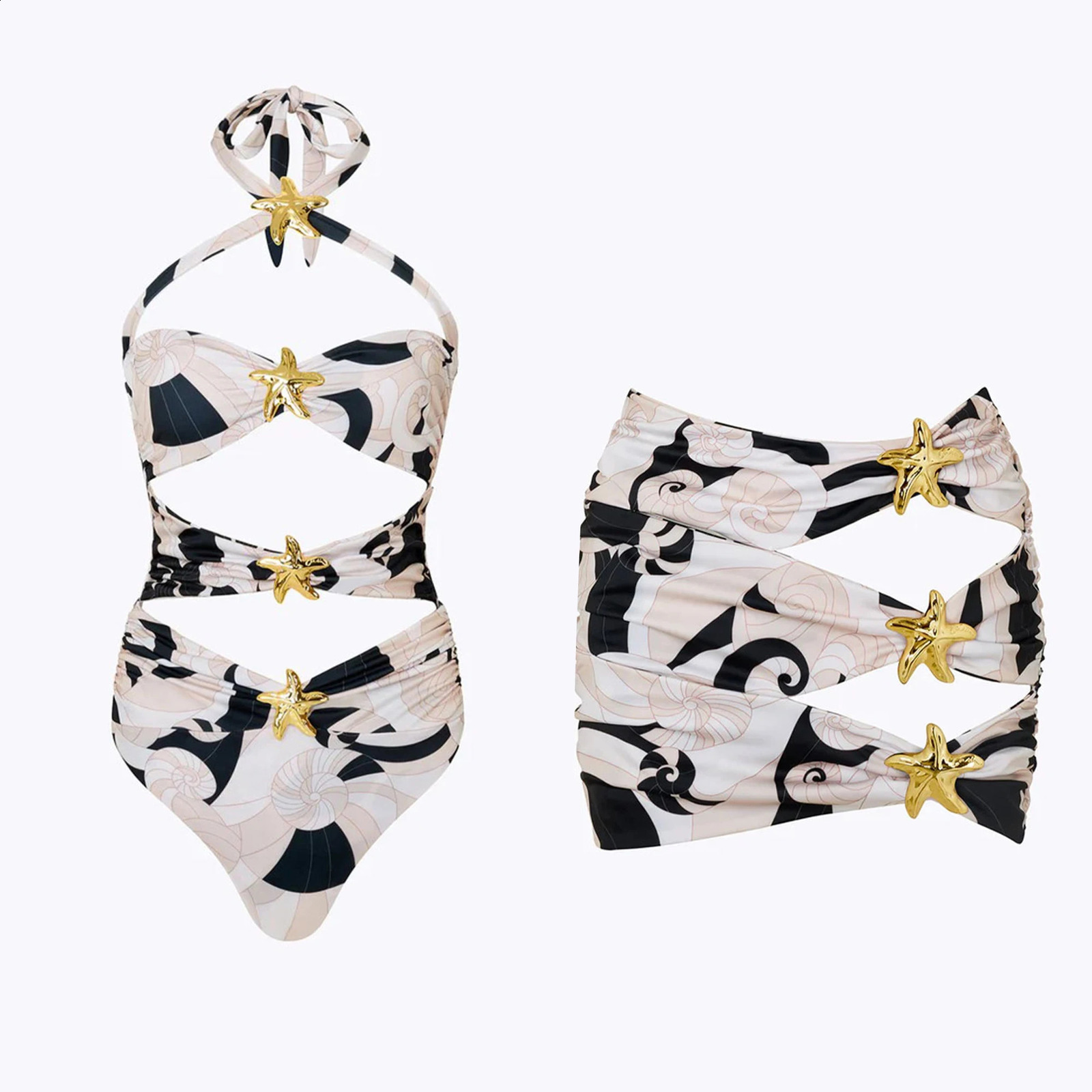 2024 Cutout One Piece Swimsuit with Skirt Bodysuit Monokini Print Halter High Leg Bathing Suits Swim Suit Wear Beachwear 250116