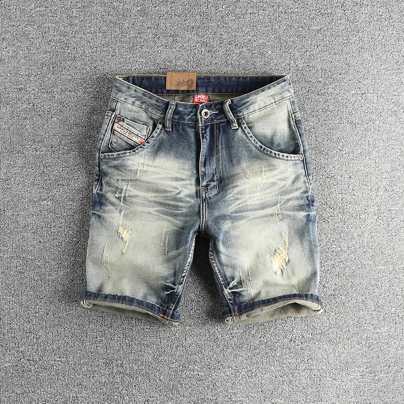 Heavy retro wash cat beard hole denim shorts men slim small straight leg European and American trend summer quarter pants 250110