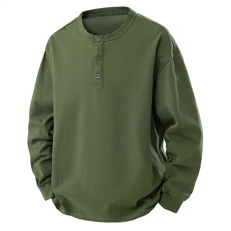 Autumn Mens Fashion Men Henry Neck Long Sleeve TShirt Casual Vintage Male Button Slim Washed Tees 250122