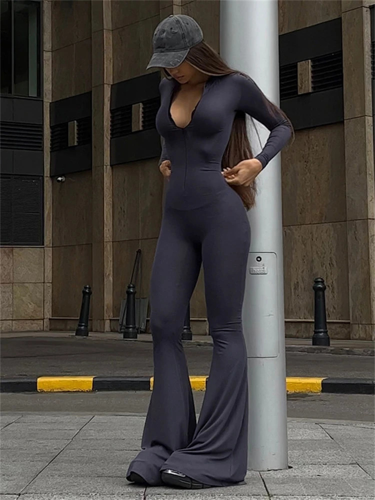 Aualay Spring Black Long Sleeve Bodycon Jumpsuit Streetwear For Women 2024 Long Slevee Flared Jumpsuits Causal Zipper Activewear 250107