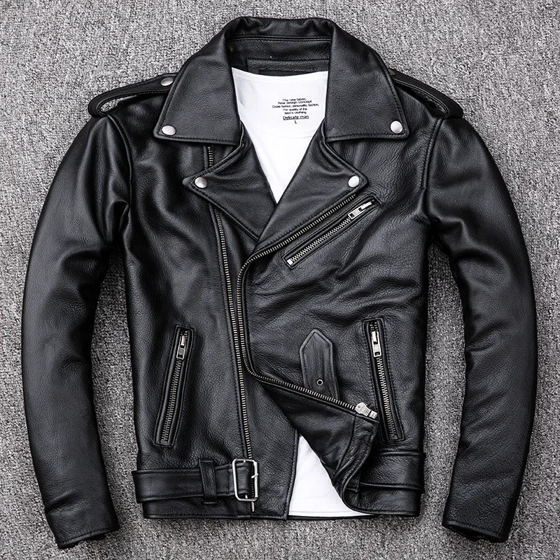 Spring Classical Motorcycle oblique zipper Jackets Men Leather Jacket Natural Calf Skin Thick Slim Cowhide Moto Jacket man 250120