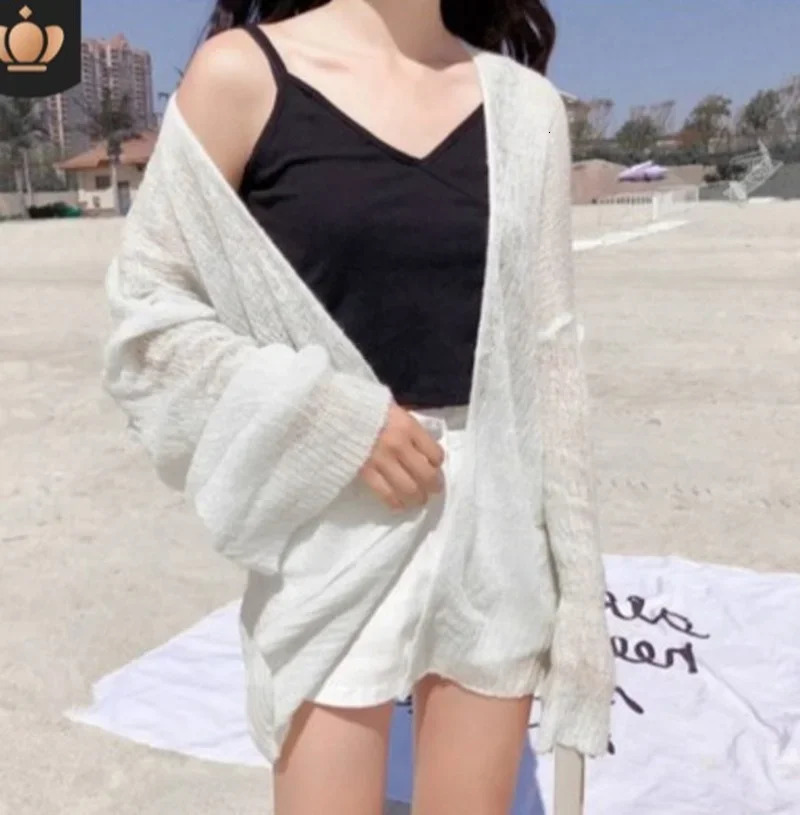 Cardigan Women Summer Sunproof Hollow Out Solid Thin Soft Breathable Elegant Holiday Minimalist Female Fashion Ulzzang Ins 250109Z