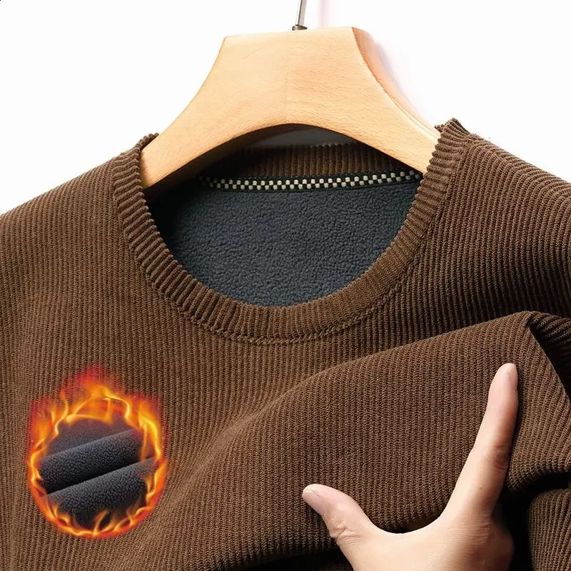 Mens Plush Thick Round Neck Long Sleeved Tshirt Korean Sweater Highend Warm Bottom Shirt Solid Color Top 250122