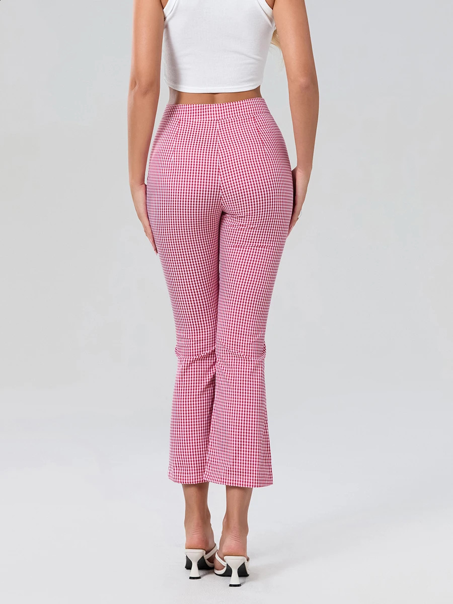 Women Checkered Trousers High Waist Plaid Pants Spring Summer Fashion Casual Sweatpants Fit Flared Leg Trendy Style 250122