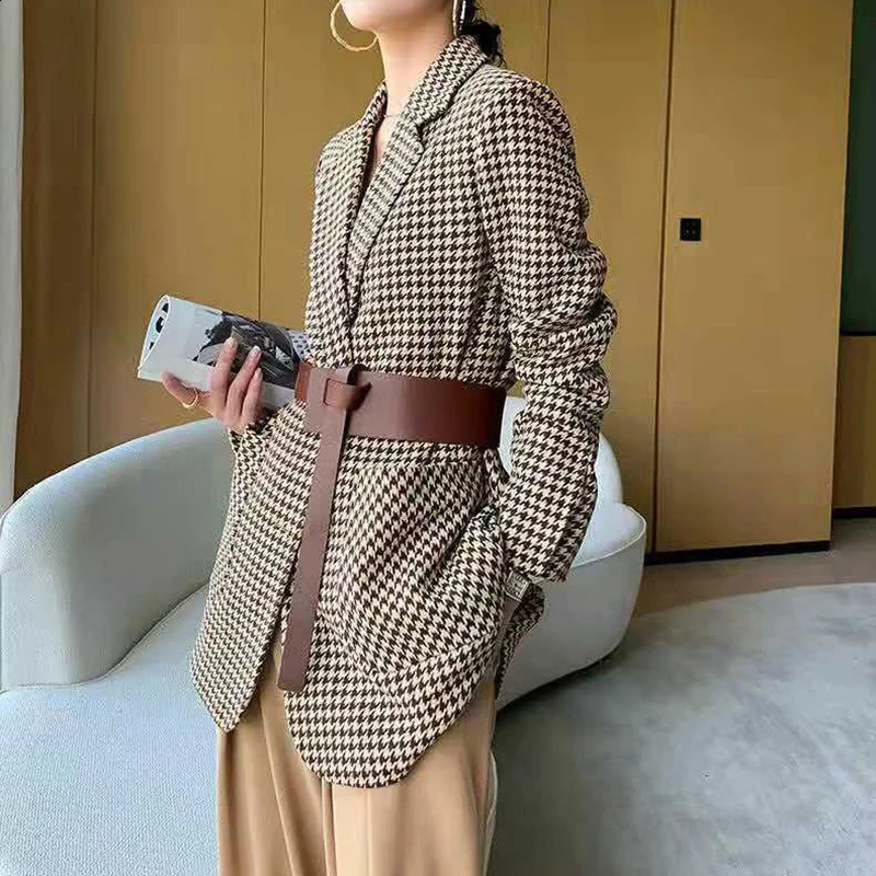 Korean Vintage Coat Woolen Plaid Houndstooth Blazer Elegant Spring Autumn Office Lady Belt Oversize Chic Jacket Outerwear 250113