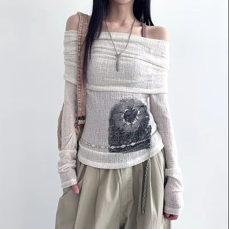 Rockmore Chic Retro One-Shoulder Printed Top Slim Thin Long Sleeve T-Shirt Vintage Streetwear Aesthetic Haruku Casual Outfits