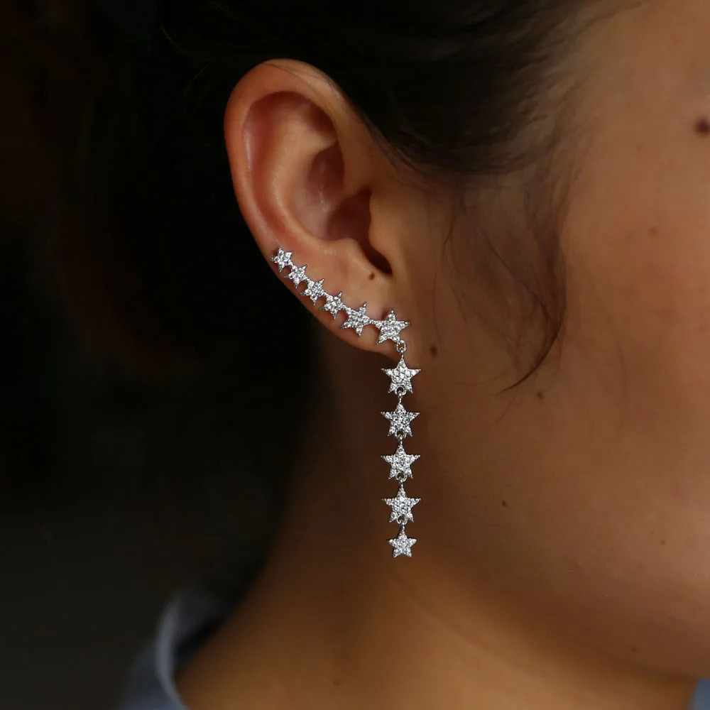 Micro Pave sparking cz Star Shaped Elegant minimalis Long Earrings for Women Left Right Ear delicate dainty cute Earings 250120