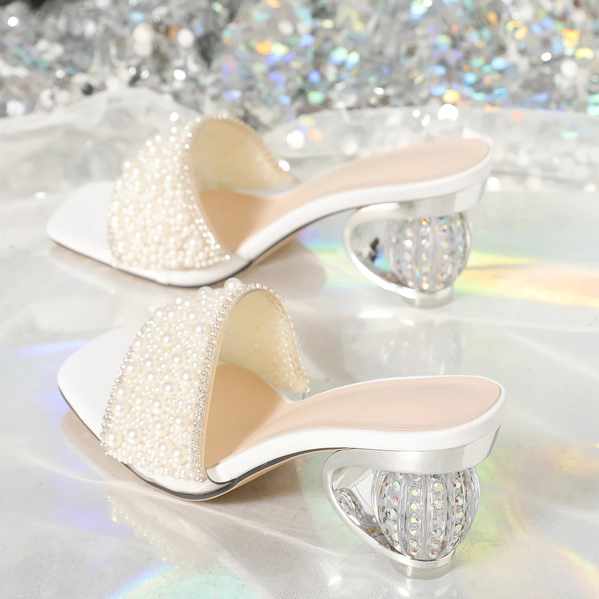 Aneikeh White Pearl Shiny Sandals Slippers Women Transparent Thick Bottom Party Dress Mules High Heels 2025 Summer heeled Beach 250113