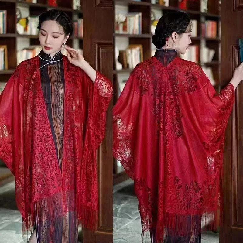 Chinese Style Lace Shawl Wraps for Women Qipao Cheongsam Evening Vintage Hollow Out Thin Cardigan Tassels Tops Officewear Party 250121