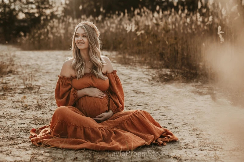 Off Shoulder Womens Boho Dresses Maternity Gown Fotoshoot One Size Maxi Pregnancy Muslin Vintage Baby Shower Poshoot Session 250116