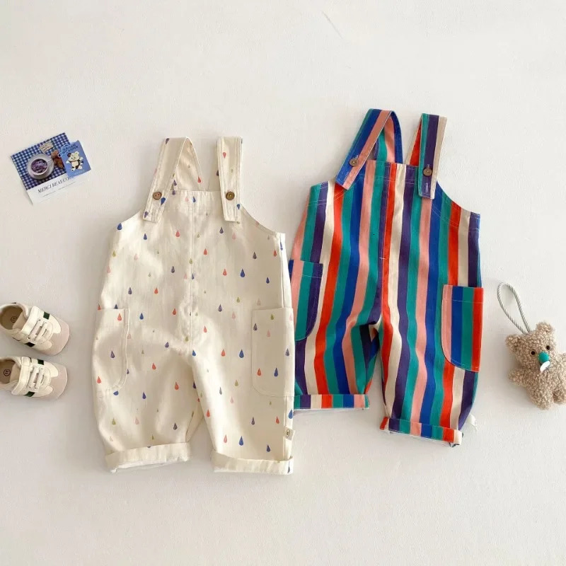 Spring Childrens Clothes Fashion Overalls Polka Dot Striped Jumpsuits Boys Girls Suspenders Pants Kids Playsuit 250117