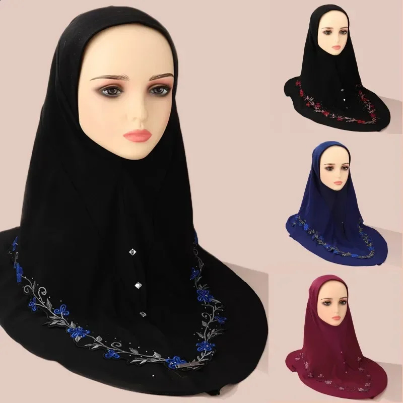 Embroidery Floral Hijab Arab Solid Color Turban Islamic Fashion Khimar Muslim Soft Women Wear Directly Instant Hijab Scarf 250121