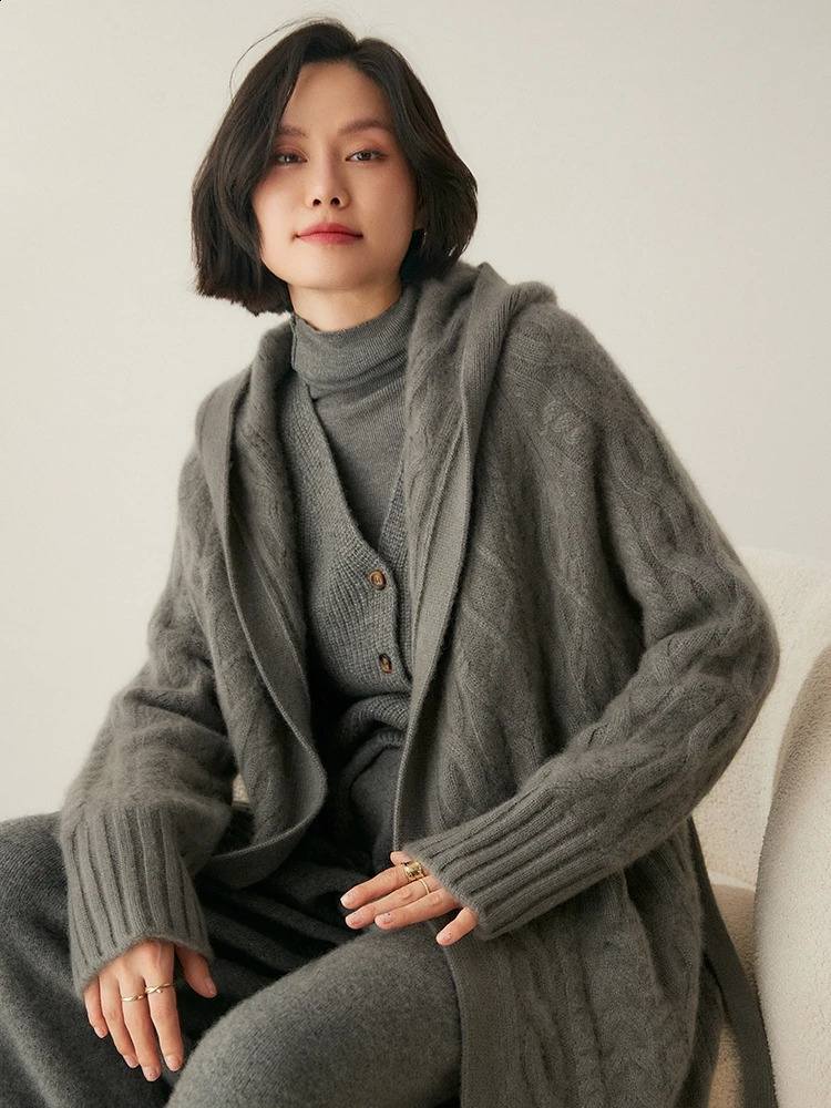 Womens 100% Cashmere Sweater Long Cable Knitting Cardigan Thick Hoodie Casual Style Cashmere Knitted Coat Autumn Winter 250121