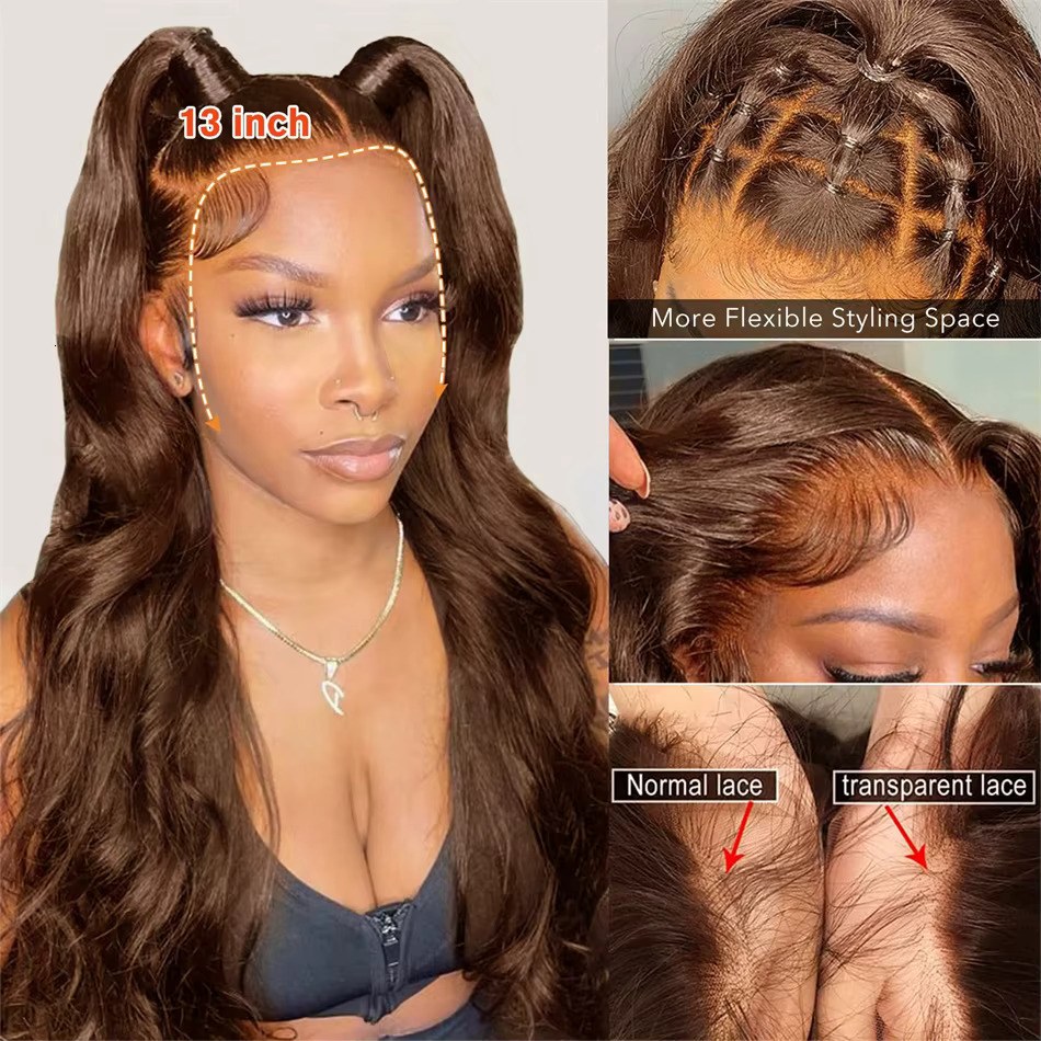 Chocolate Body Wave 13x4 Front Human Hair For Women Brown Colored Transparent 13x6 Lace Frontal Wigs