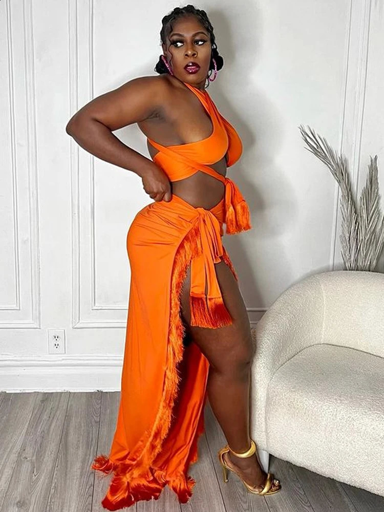 Beyprern Chic Halter Neck Crop Top And High Slit Resort Wrap Skirt Set Two-Piece Outfits Summer Fringed Swimsuits Cover-Up Set 250113