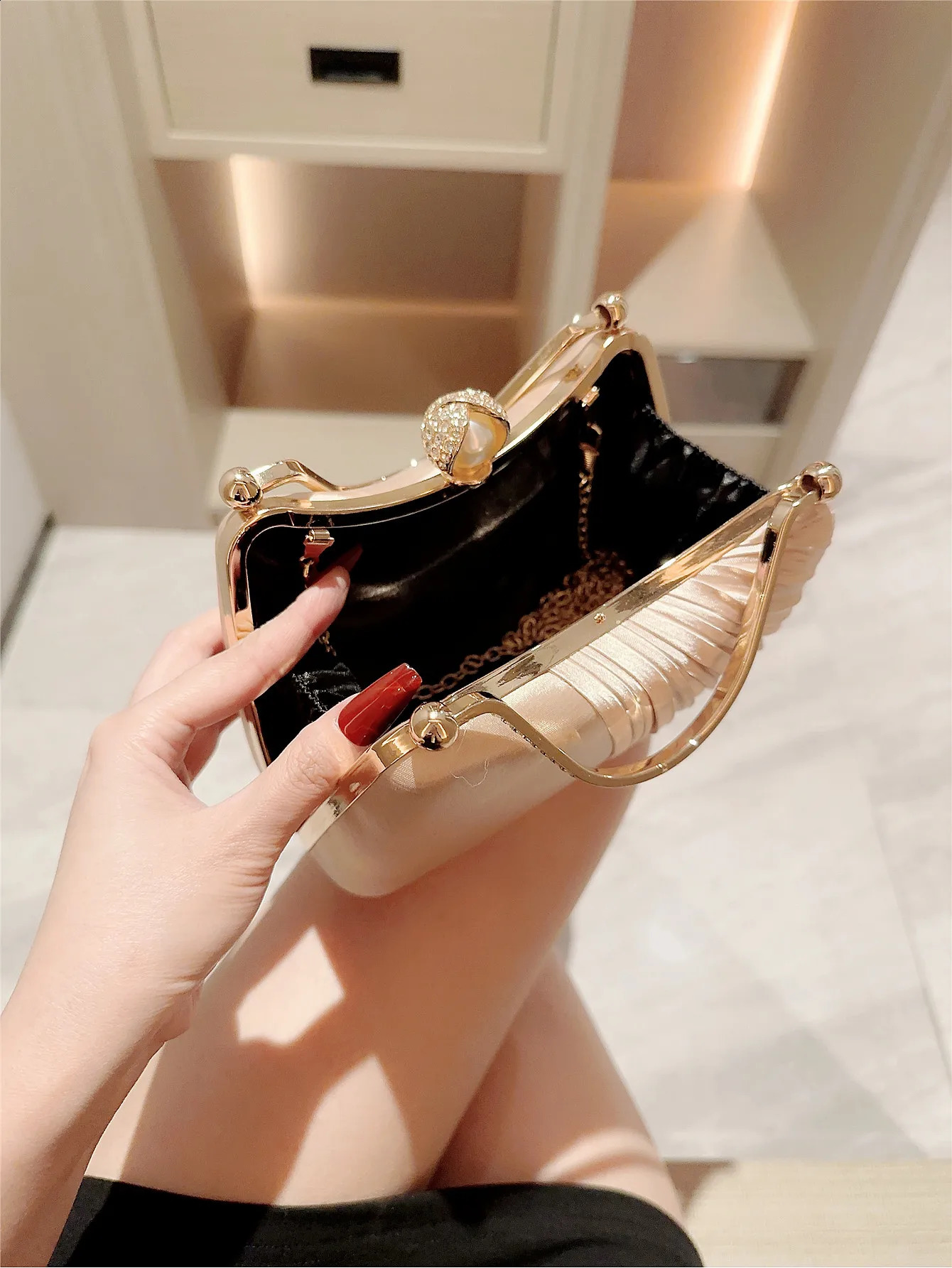 A fashion casual Satin Pleated Evening Bag Shiny Rhinestone Decor Prom Bag Romantic Wedding Bag Party Bag Evening Bag Dress Bag Bridal Bag Chain Bag C