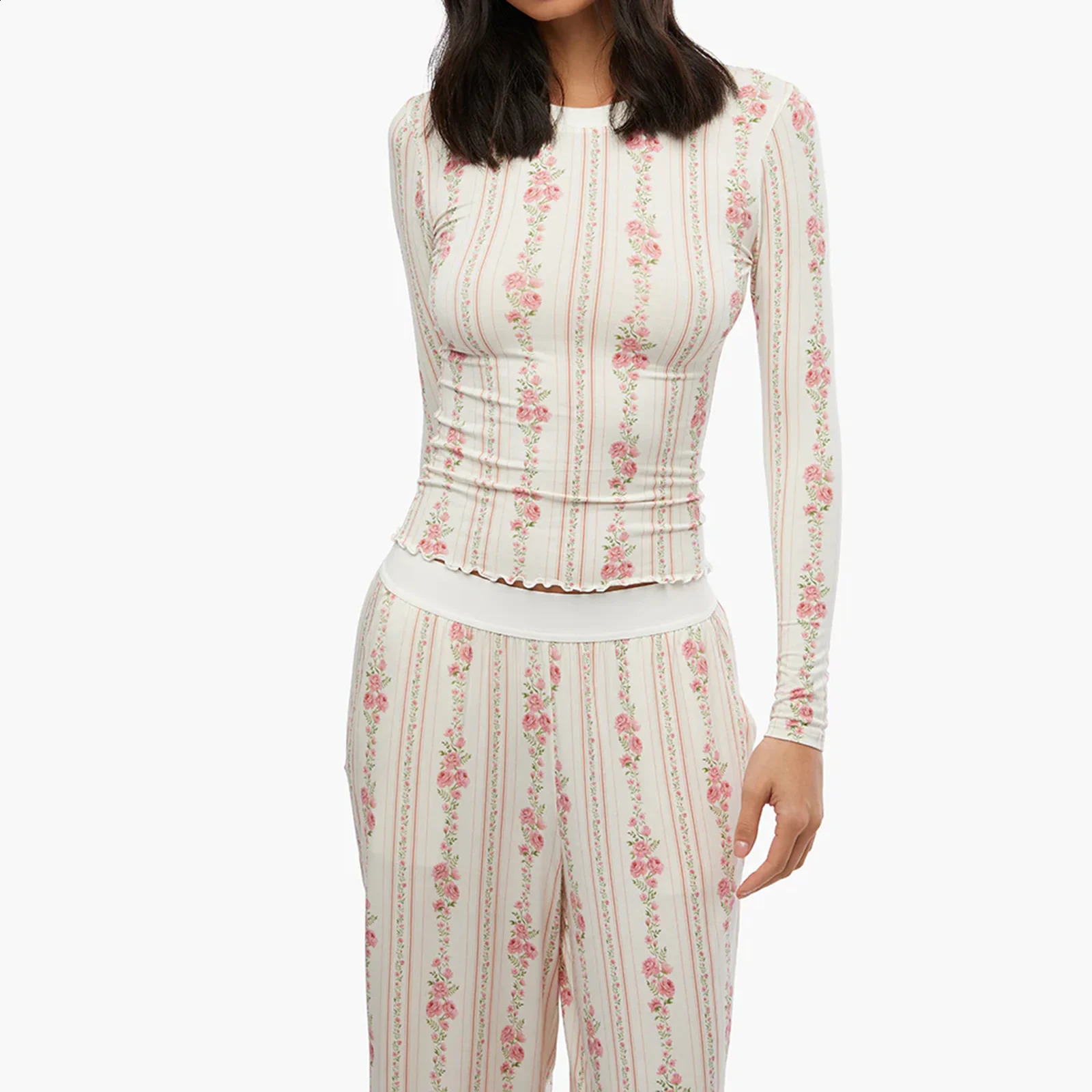 Women Y2k 2 Piece Lounge Set Lettuce Edge Hem Long Sleeve Bodycon Shirts High Rise Wide Leg Pants Snug Fit Pajamas 250113