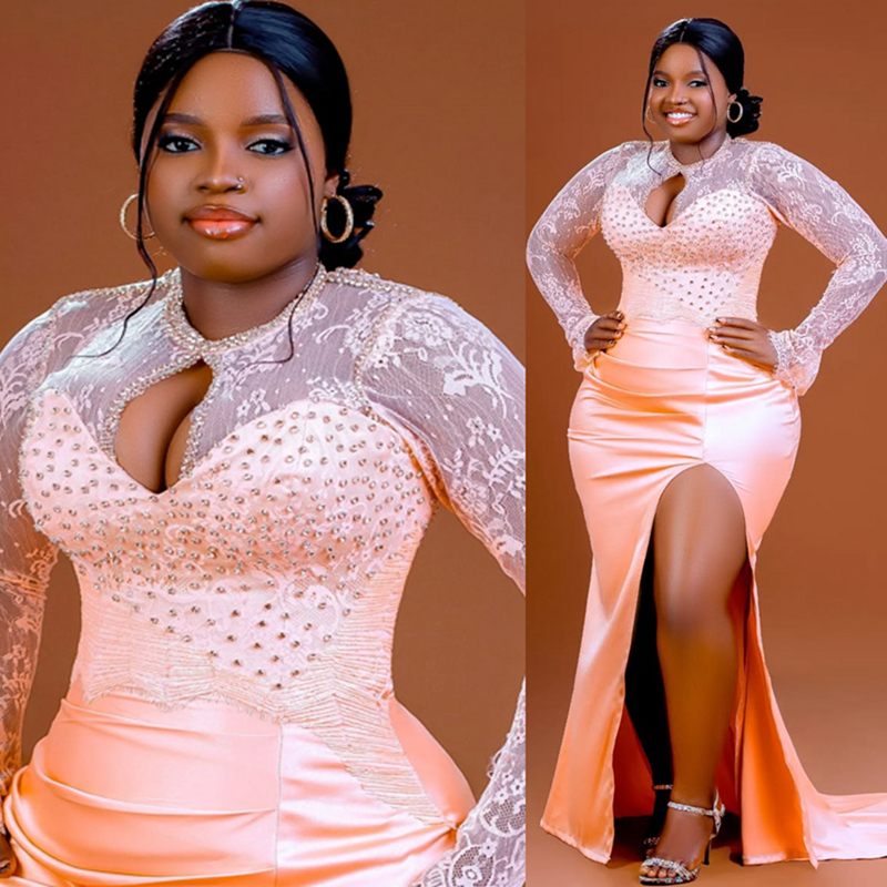 2025 Plus Size Aso Ebi Prom Dresses Mermaid Evening Gowns For Black Women Illusion Sheer Neck Long Sleeves Side Split Birthday Dress Second Reception 