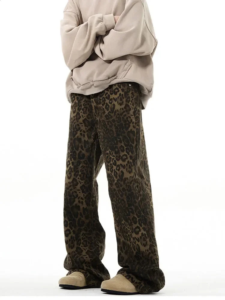 Jeans Men Long Pants Denim Pant Leopard Print Loose Casual Regular High Waist Straight Trousers Button Zipper Autumn 250120